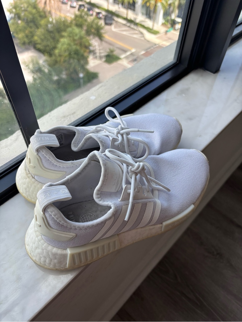 Adidas NMD R1 white sneakers 
Color cloud white 
(Size 6 men/7.5 women)